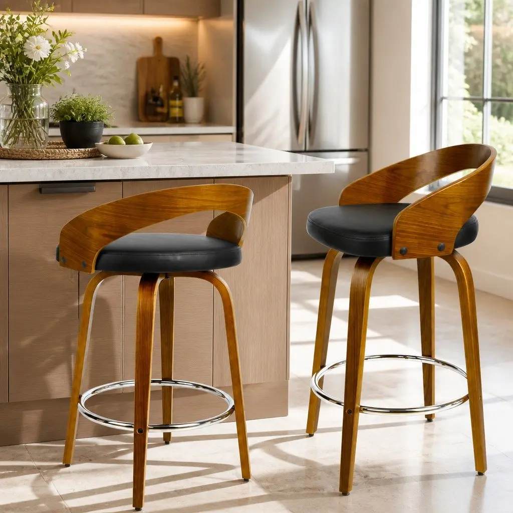 Bar Stools Black Walnut Wooden Swivel Seat Curved Backrest