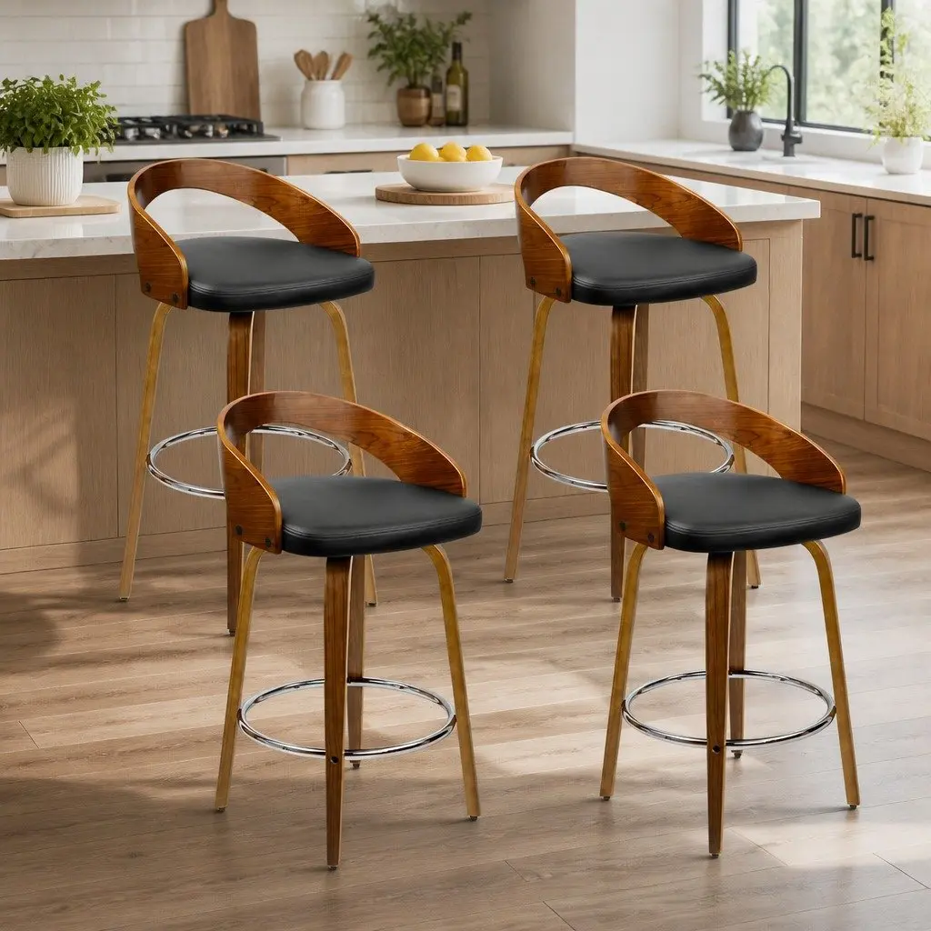Bar Stools Black PU Leather Wooden Swivel Seat Curved Backrest Set of 4