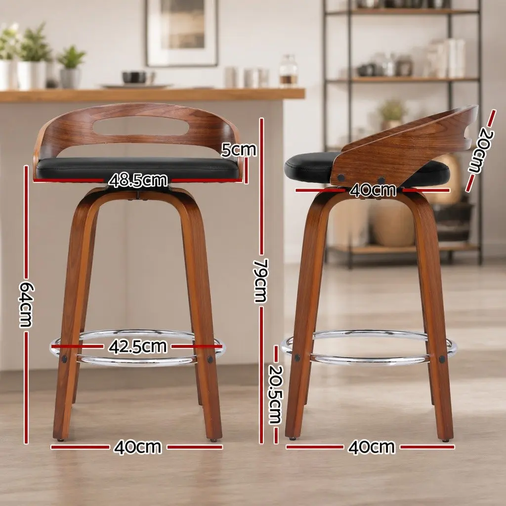Bar Stools Black Low Back Swivel Seat PU Cushion Set of 2