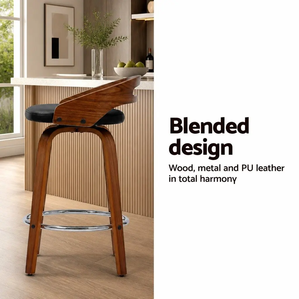 Bar Stools Black Low Back Swivel Seat PU Cushion Set of 2