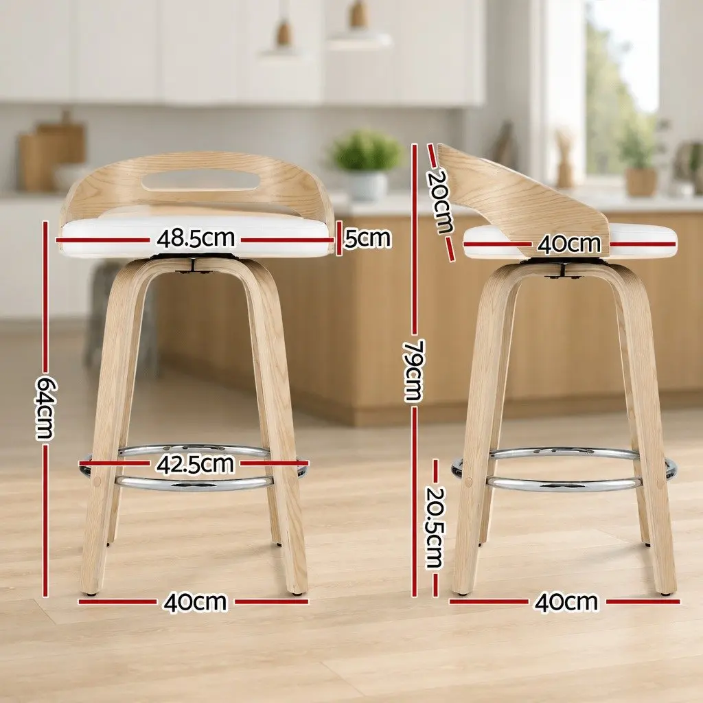 Bar Stools White Set of 2 Swivel Dining Chairs Low Back PU Cushion
