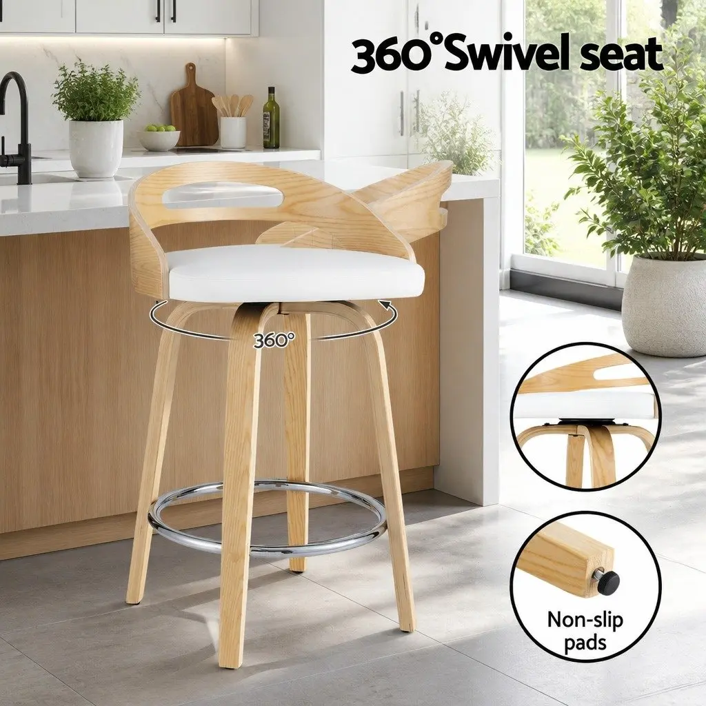 Bar Stools White Set of 2 Swivel Dining Chairs Low Back PU Cushion