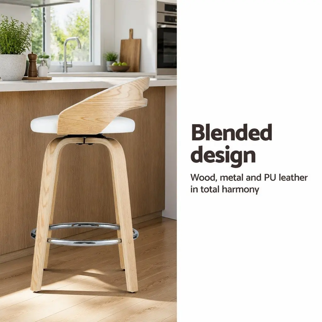 Bar Stools White Set of 2 Swivel Dining Chairs Low Back PU Cushion