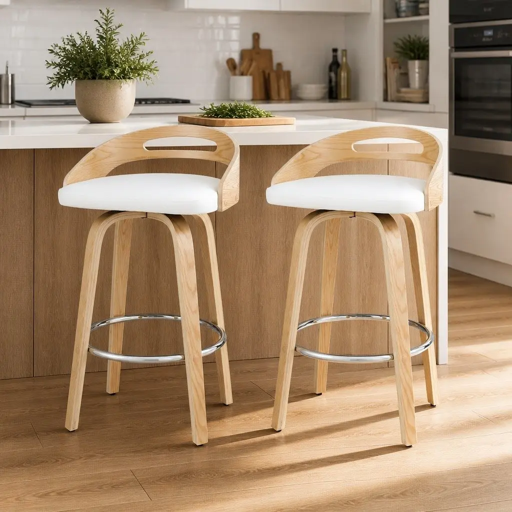 Bar Stools White Set of 2 Swivel Dining Chairs Low Back PU Cushion