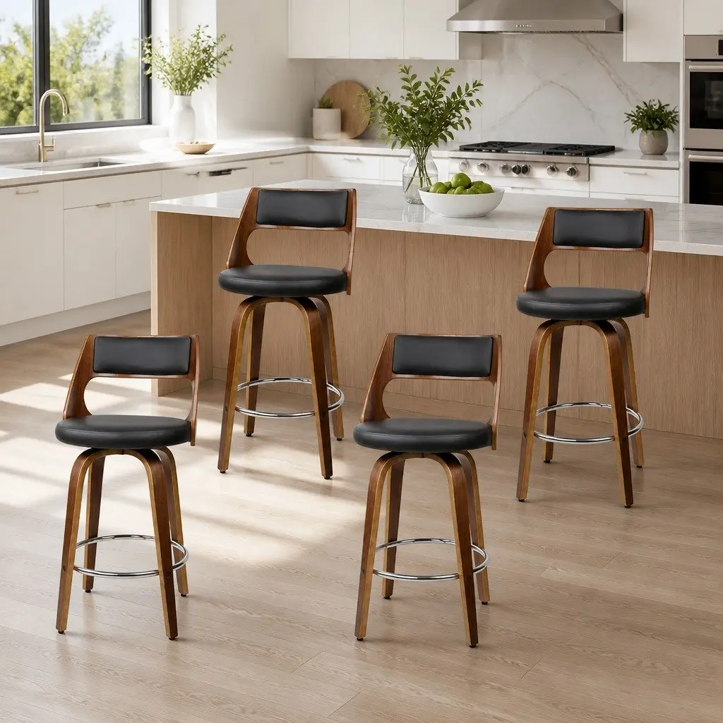 Bar Stools Black 92cm Height Swivel Seat with Backrest and Chrome Footrest Set of 4