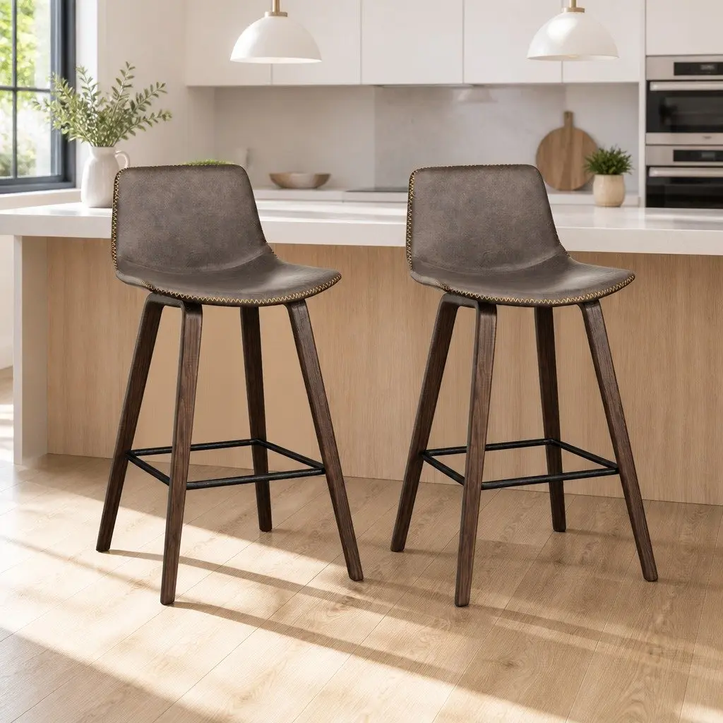 Bar Stools Brown Walnut 2 Piece Wooden Backrest Metal Footrest