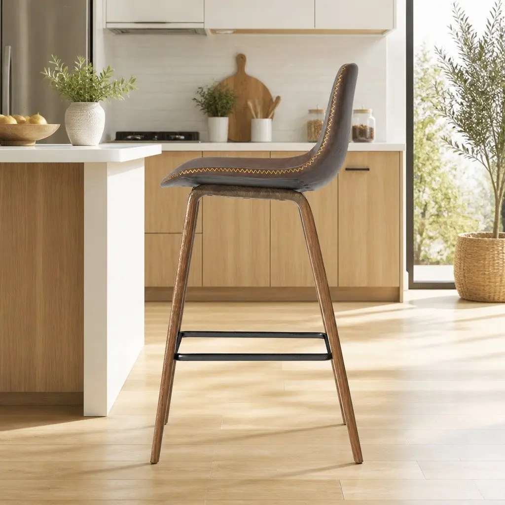 Bar Stools Brown Walnut 2 Piece Wooden Backrest Metal Footrest