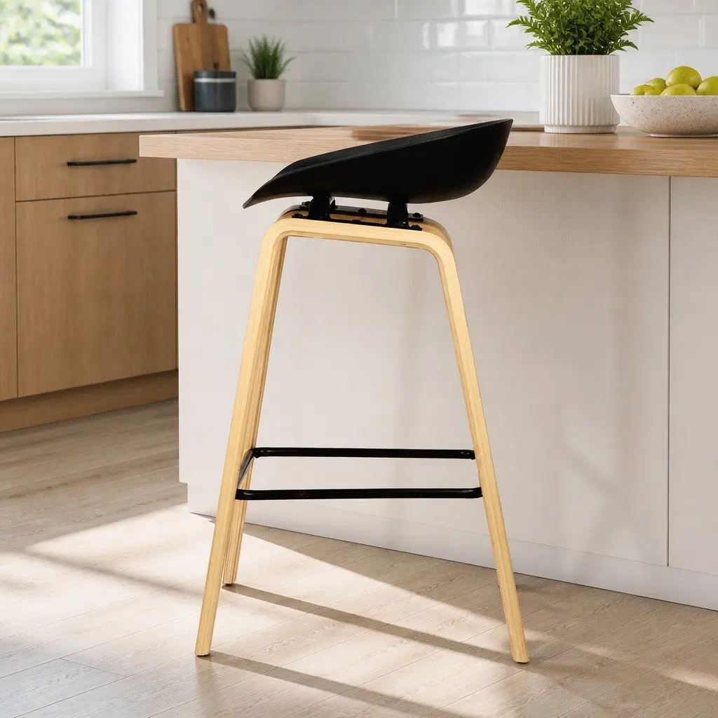 Bar Stools Black Wooden 4 Piece Plywood Structure PP Plastic Seat Low Backrest