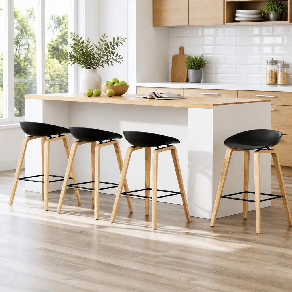 Bar Stools Black Wooden 4 Piece Plywood Structure PP Plastic Seat Low Backrest
