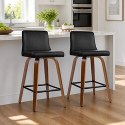 Bar Stools Swivel Padded Backrest Black Wooden Kitchen Dining 2 Pack Set