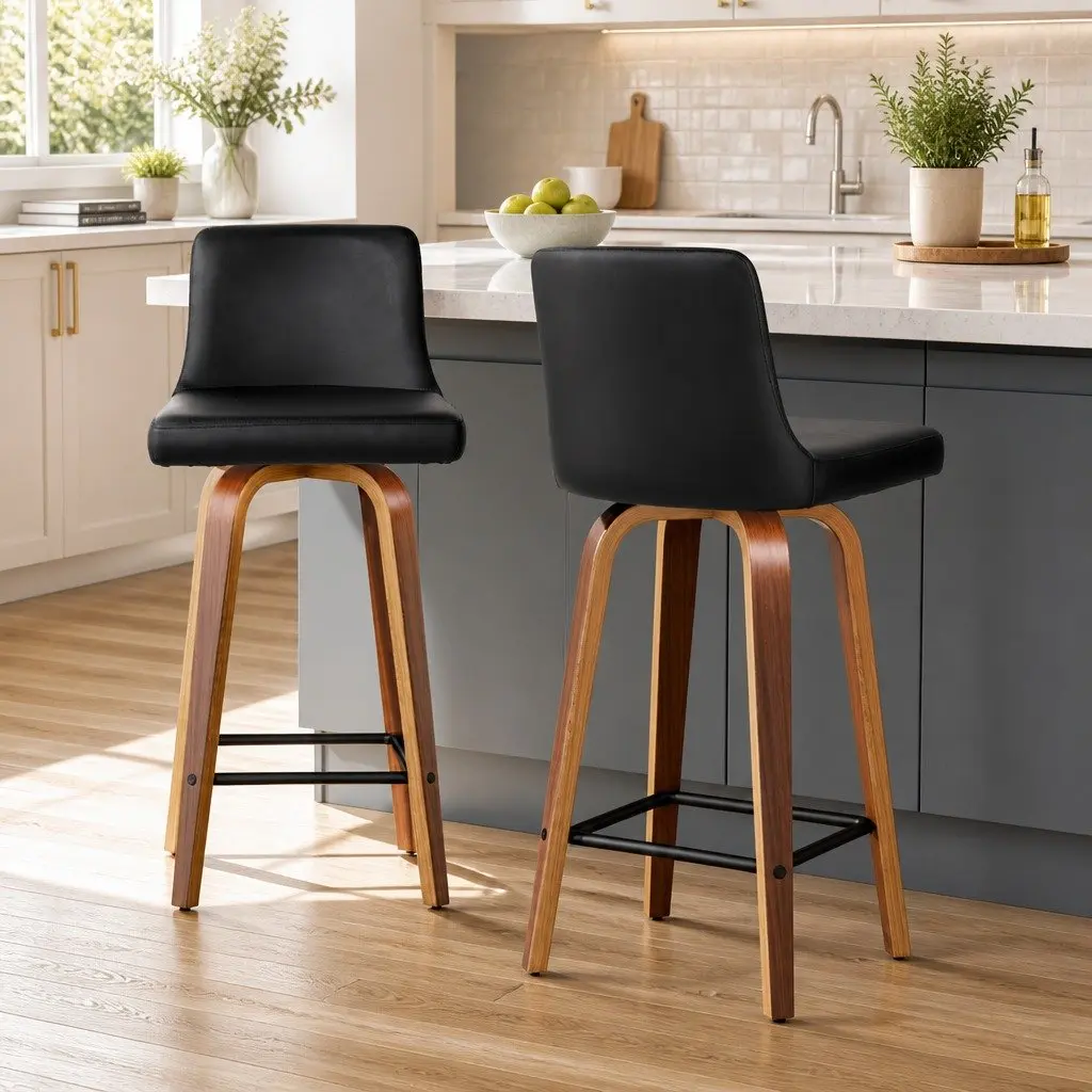 Bar Stools Black 87cm Swivel Padded Backrest Wooden Frame 2 Piece Set