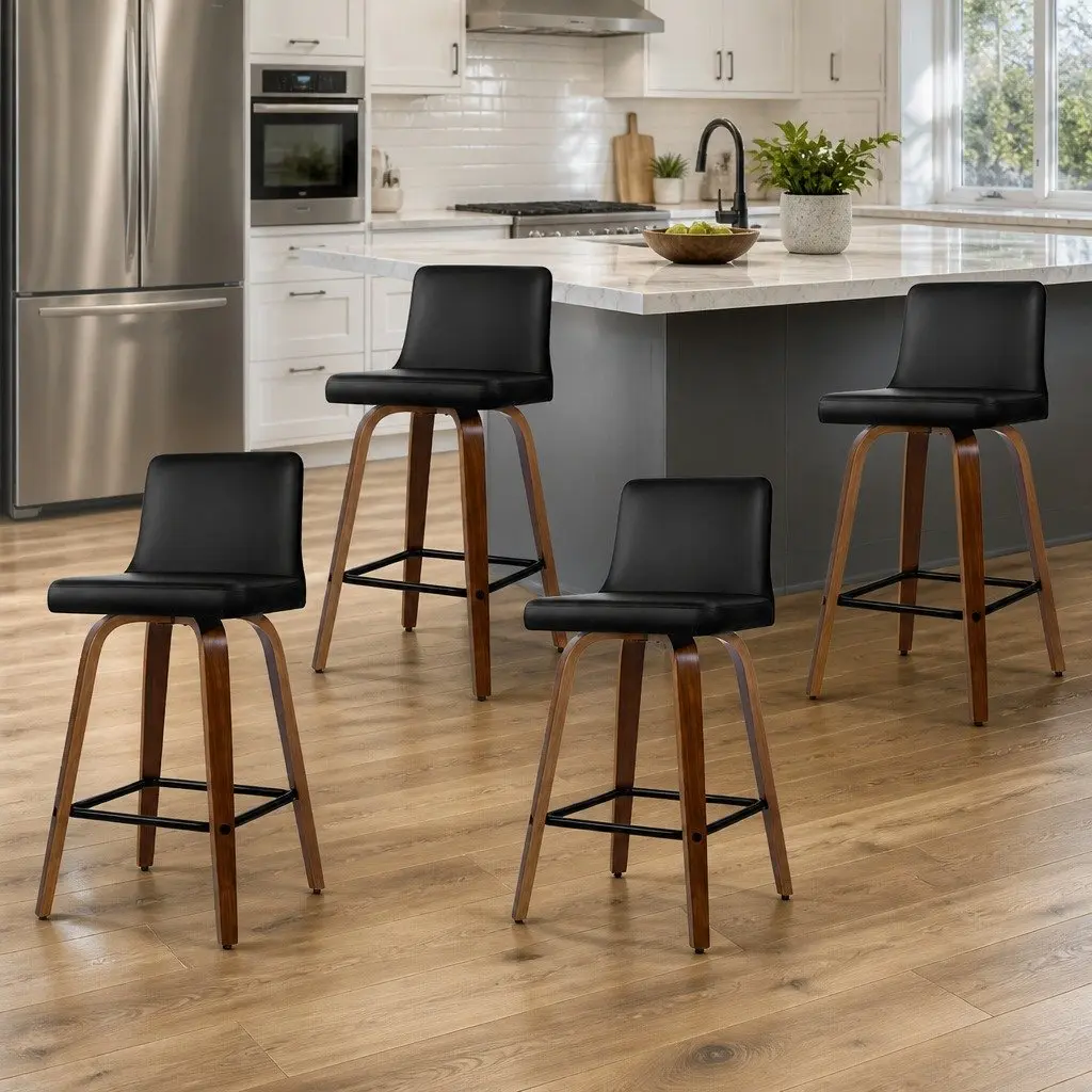 Bar Stools Black 87cm Swivel Padded Wooden Backrest