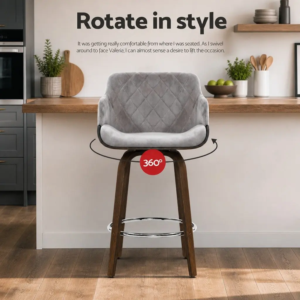 Velvet Padded Bar Stools Set of 2 with Swivel Seat