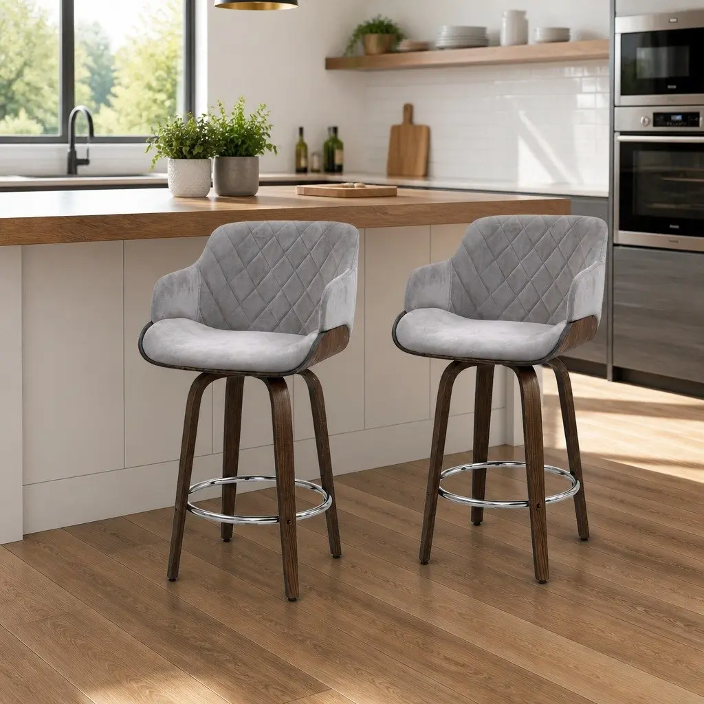 Velvet Padded Bar Stools Set of 2 with Swivel Seat