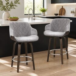 Bar Stools Set of 4 Swivel Padded Velvet Grey Wooden Bentwood Kitchen Seating
