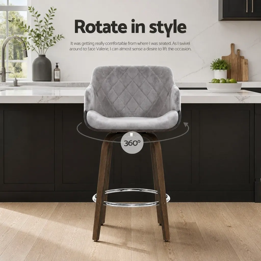 Bar Stools Set of 4 Swivel Padded Velvet Grey Wooden Bentwood Kitchen Seating
