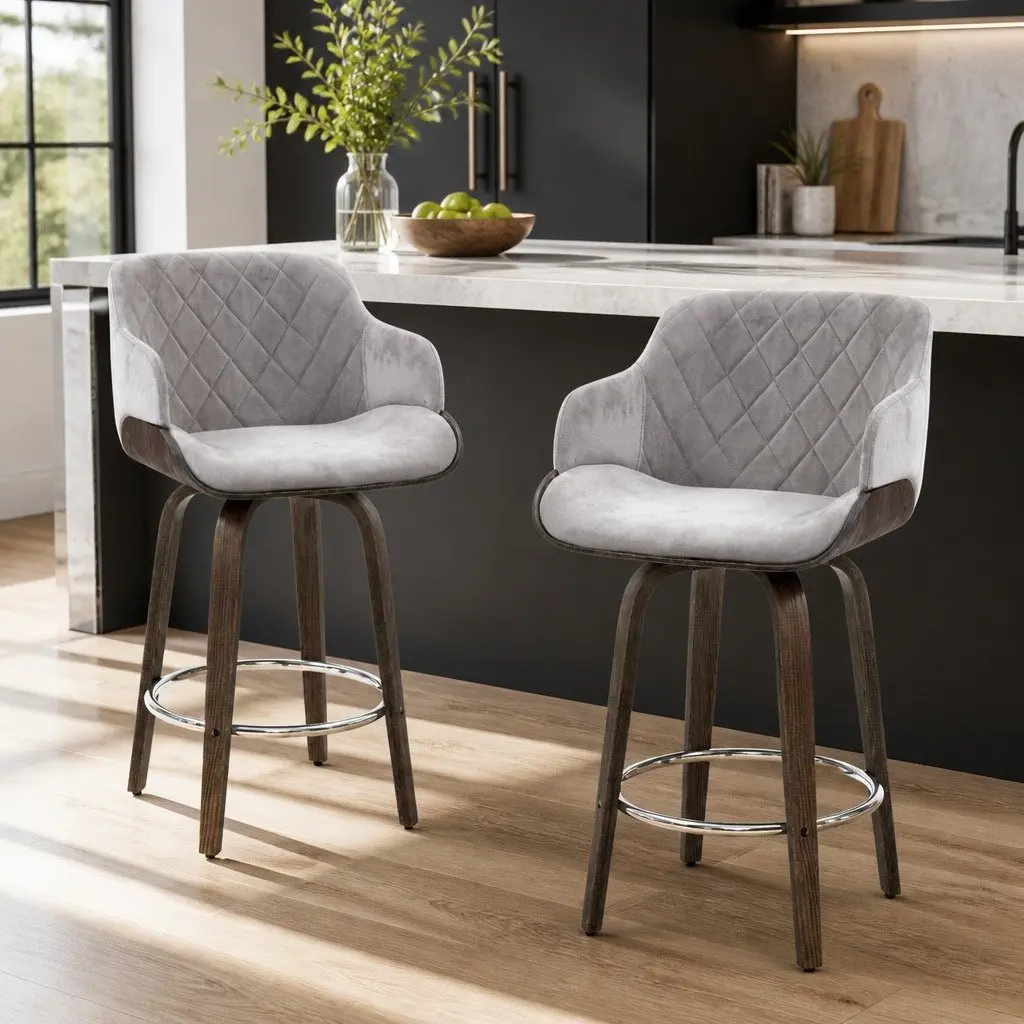 Bar Stools Set of 4 Swivel Padded Velvet Grey Wooden Bentwood Kitchen Seating