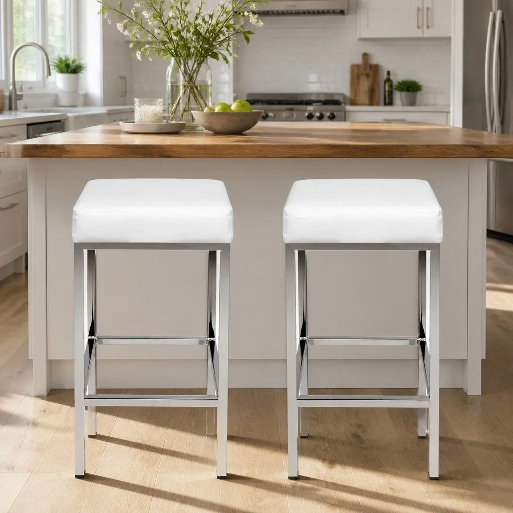 Bar Stools Set of 2 White Padded Seat Chrome Legs Kitchen Counter Chairs