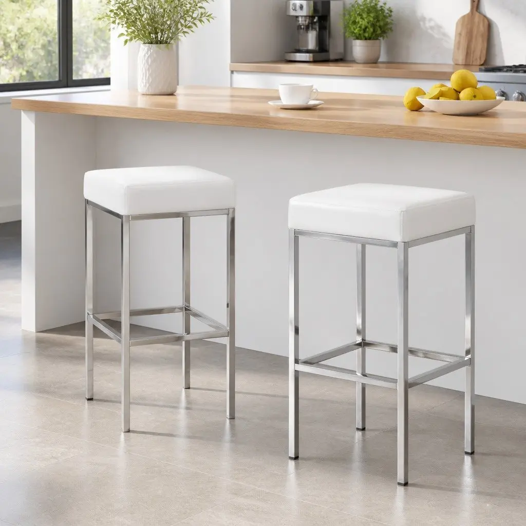 Bar Stools Set of 2 White Padded Seat Chrome Legs Kitchen Counter Chairs