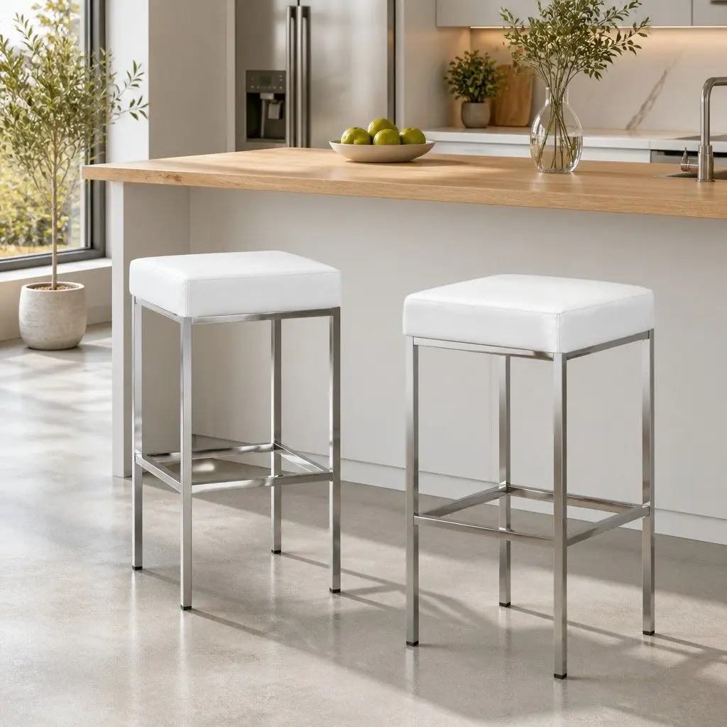 Bar Stools Set of 2 White Padded Seat Chrome Legs Kitchen Counter Chairs