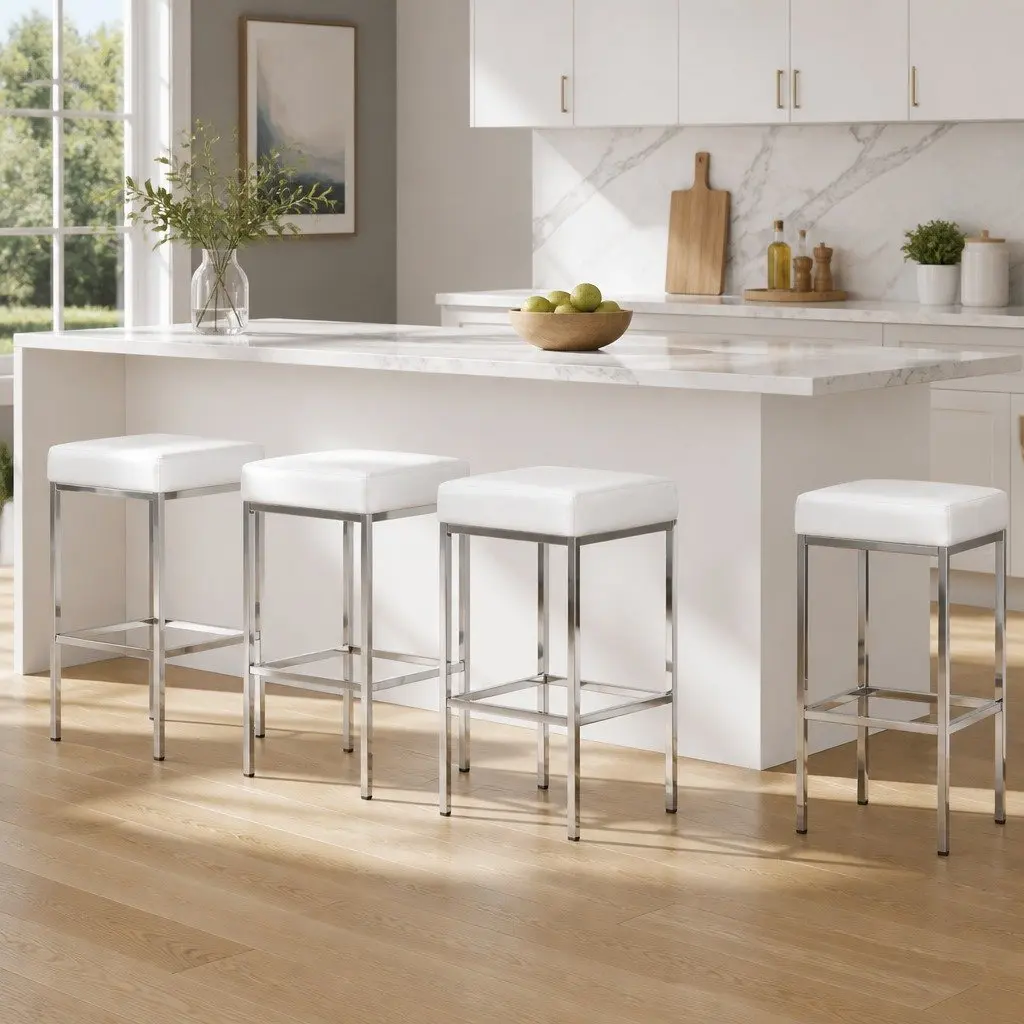 Set of 4 Bar Stools White PU Leather Padded Kitchen Chairs Chrome Legs Barstool