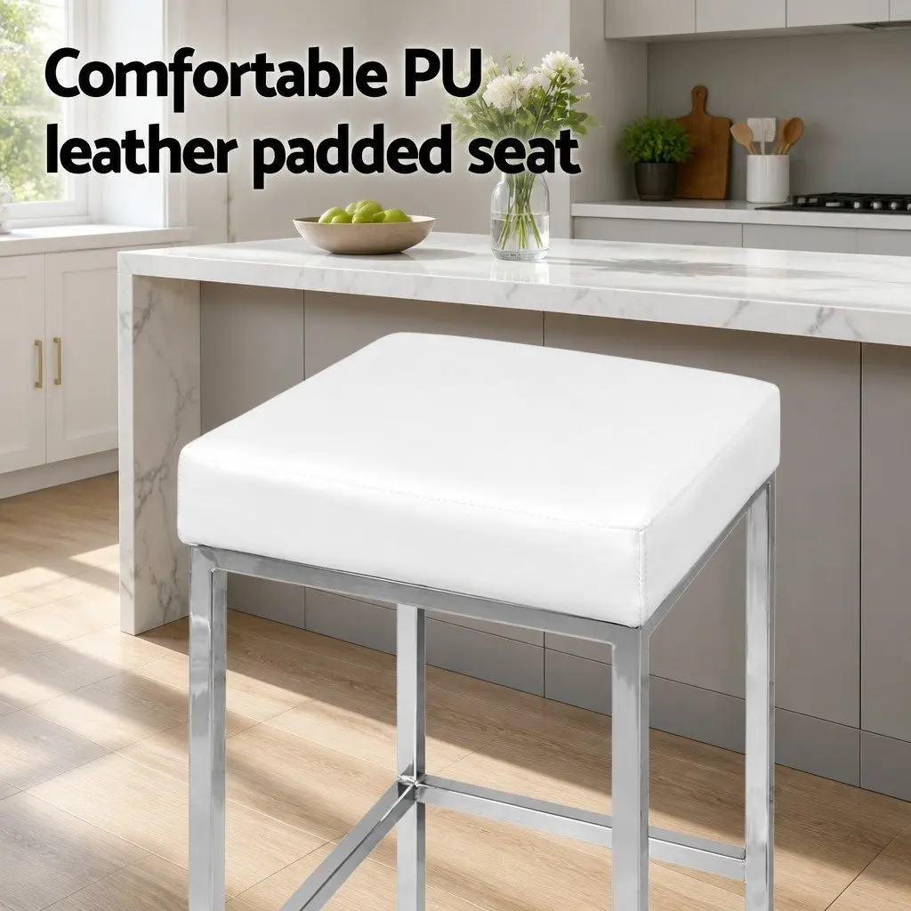 Set of 4 Bar Stools White PU Leather Padded Kitchen Chairs Chrome Legs Barstool