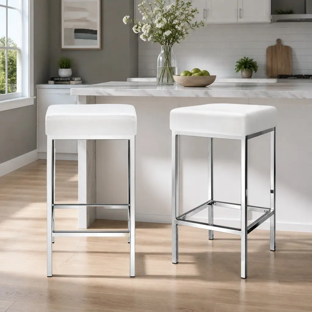 Set of 4 Bar Stools White PU Leather Padded Kitchen Chairs Chrome Legs Barstool