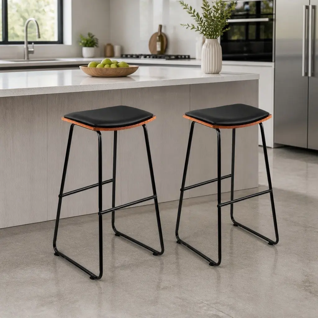 Bar Stools Black 76cm Padded Seat Metal Frame Wooden Base Set of 2