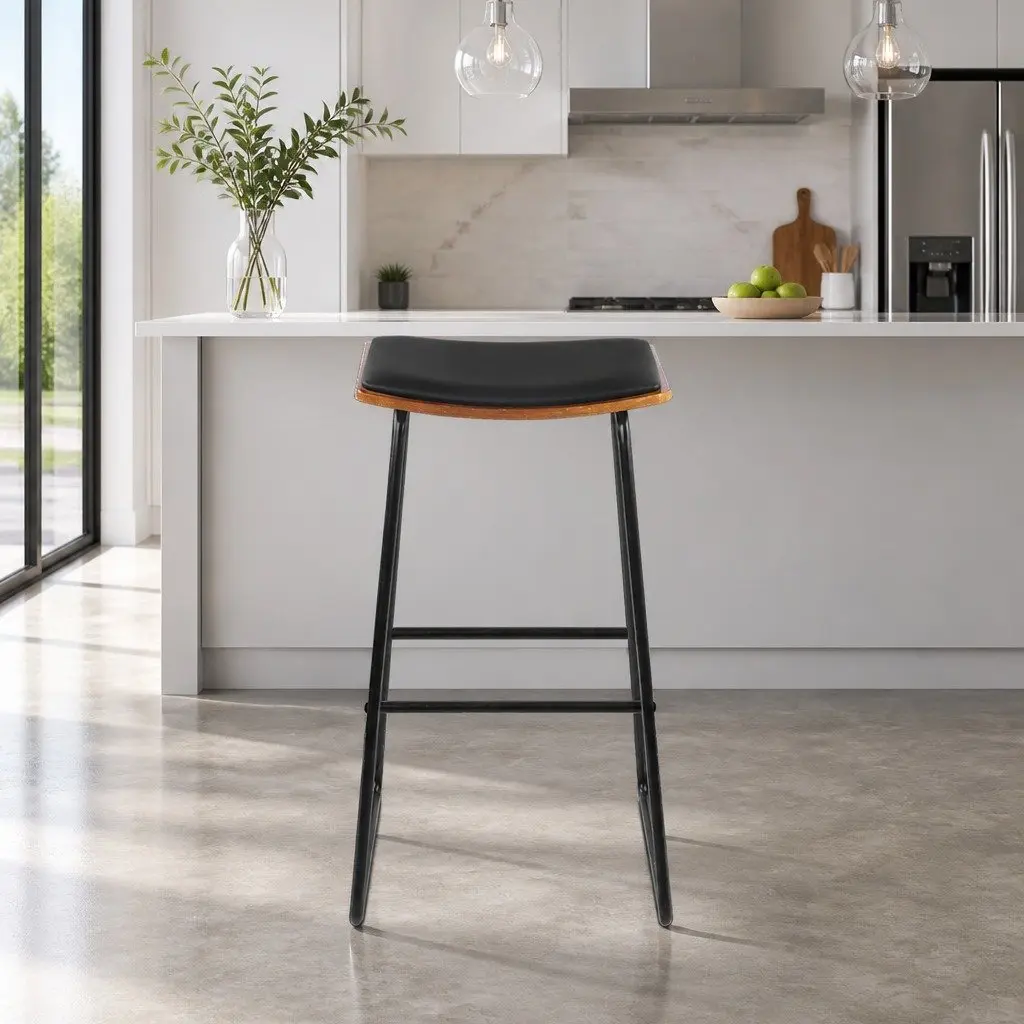 Bar Stools Black 76cm Padded Seat Metal Frame Wooden Base Set of 2