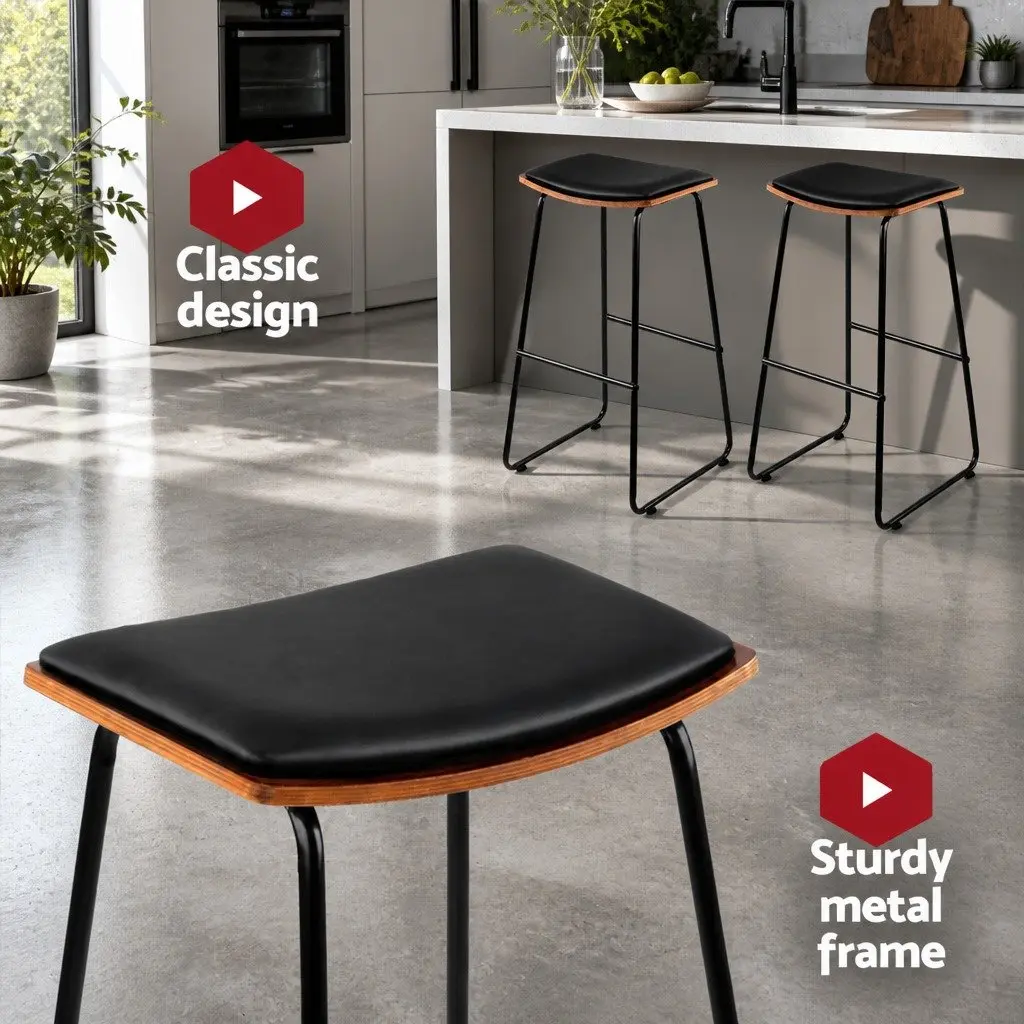 Bar Stools Black 76cm Padded Seat Metal Frame Wooden Base Set of 2