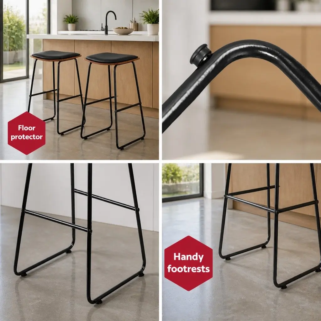 Bar Stools Black 76cm Padded Seat Metal Frame Wooden Base Set of 2