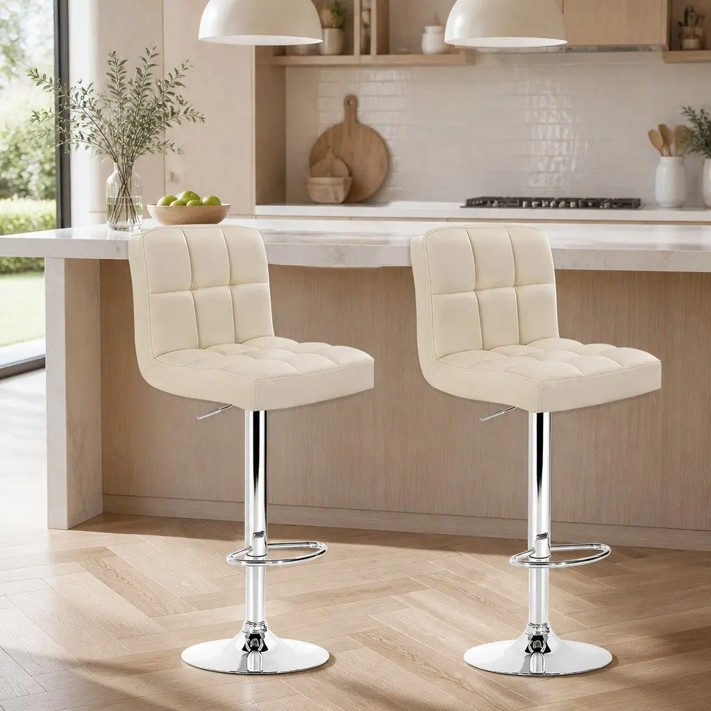 Bar Stools Beige Adjustable Height 360 Degree Swivel Faux Leather Set of 2