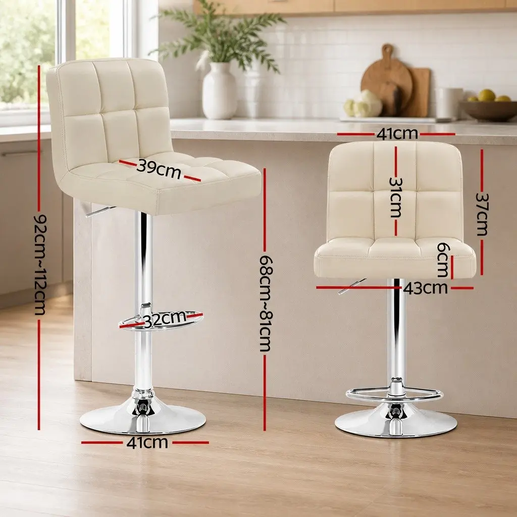 Bar Stools Beige Adjustable Height 360 Degree Swivel Faux Leather Set of 2