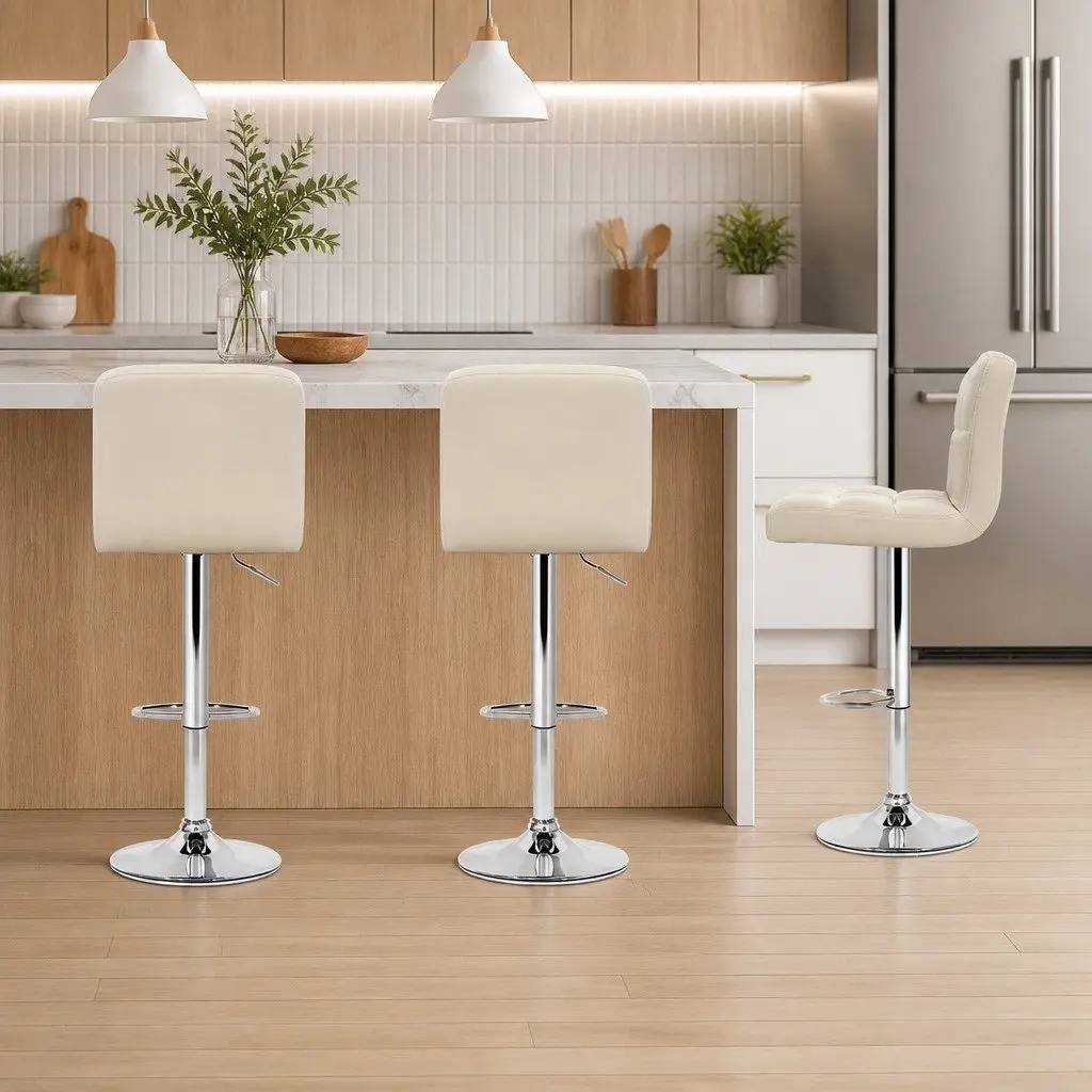 Bar Stools Beige Adjustable Height 360 Degree Swivel Faux Leather Set of 2