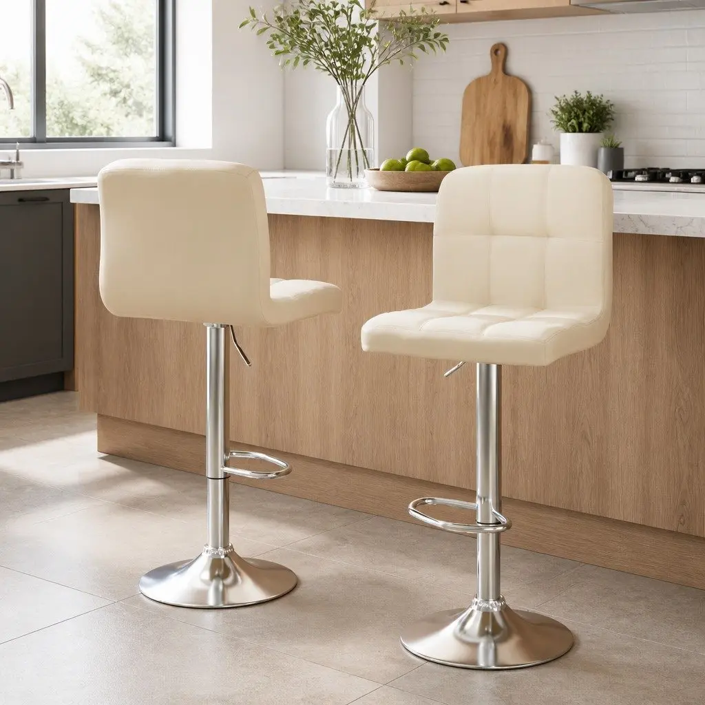 Bar Stools Beige Adjustable Height 360 Degree Swivel Faux Leather Set of 2