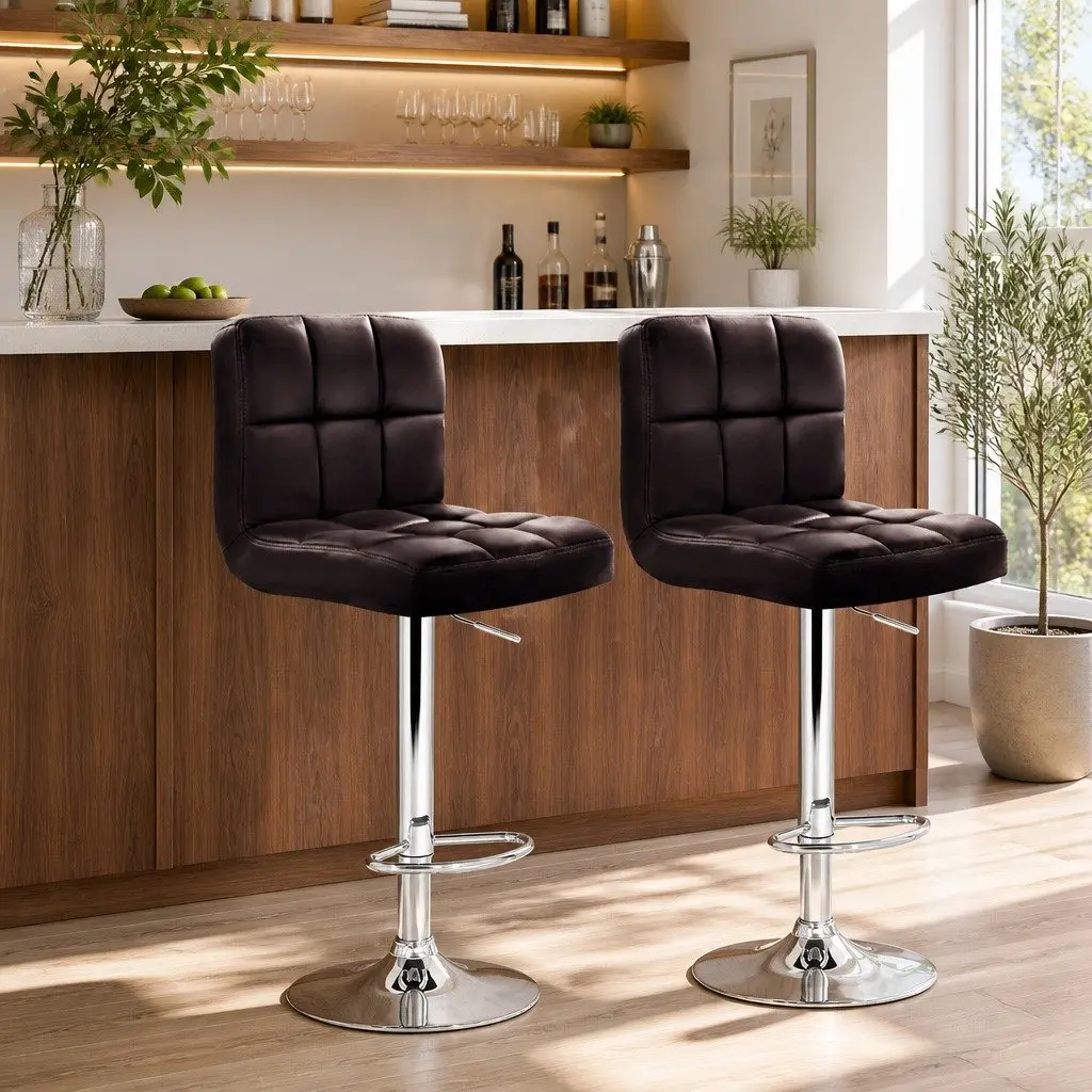 Bar Stools Chocolate PU Leather Adjustable Height Gas Lift Swivel Seat Pair