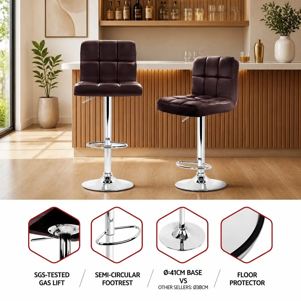 Bar Stools Chocolate PU Leather Adjustable Height Gas Lift Swivel Seat Pair