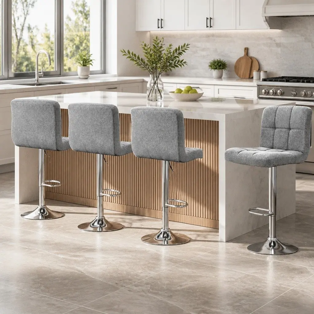 Bar Stools Grey Fabric 68-81cm Gas Lift Swivel Chrome Base Set of 4