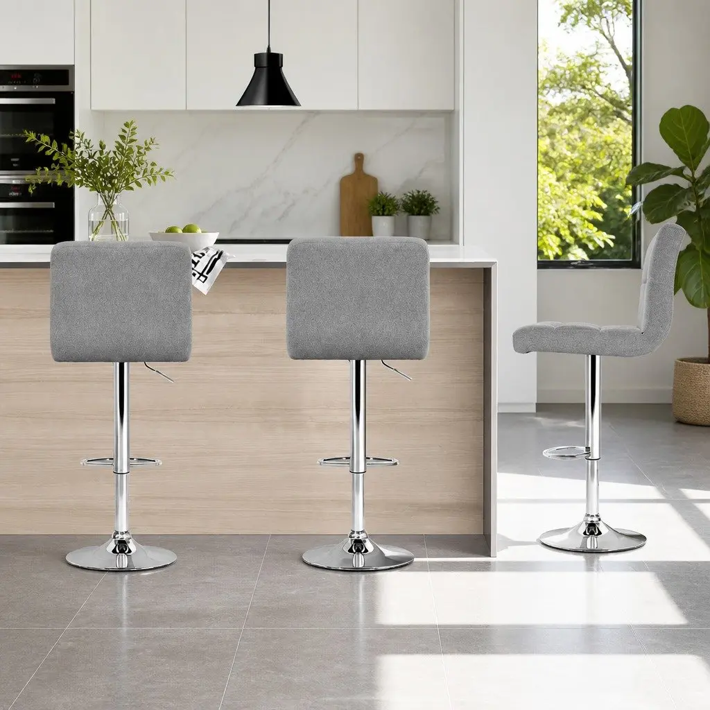 Bar Stools Grey Fabric 68-81cm Gas Lift Swivel Chrome Base Set of 4
