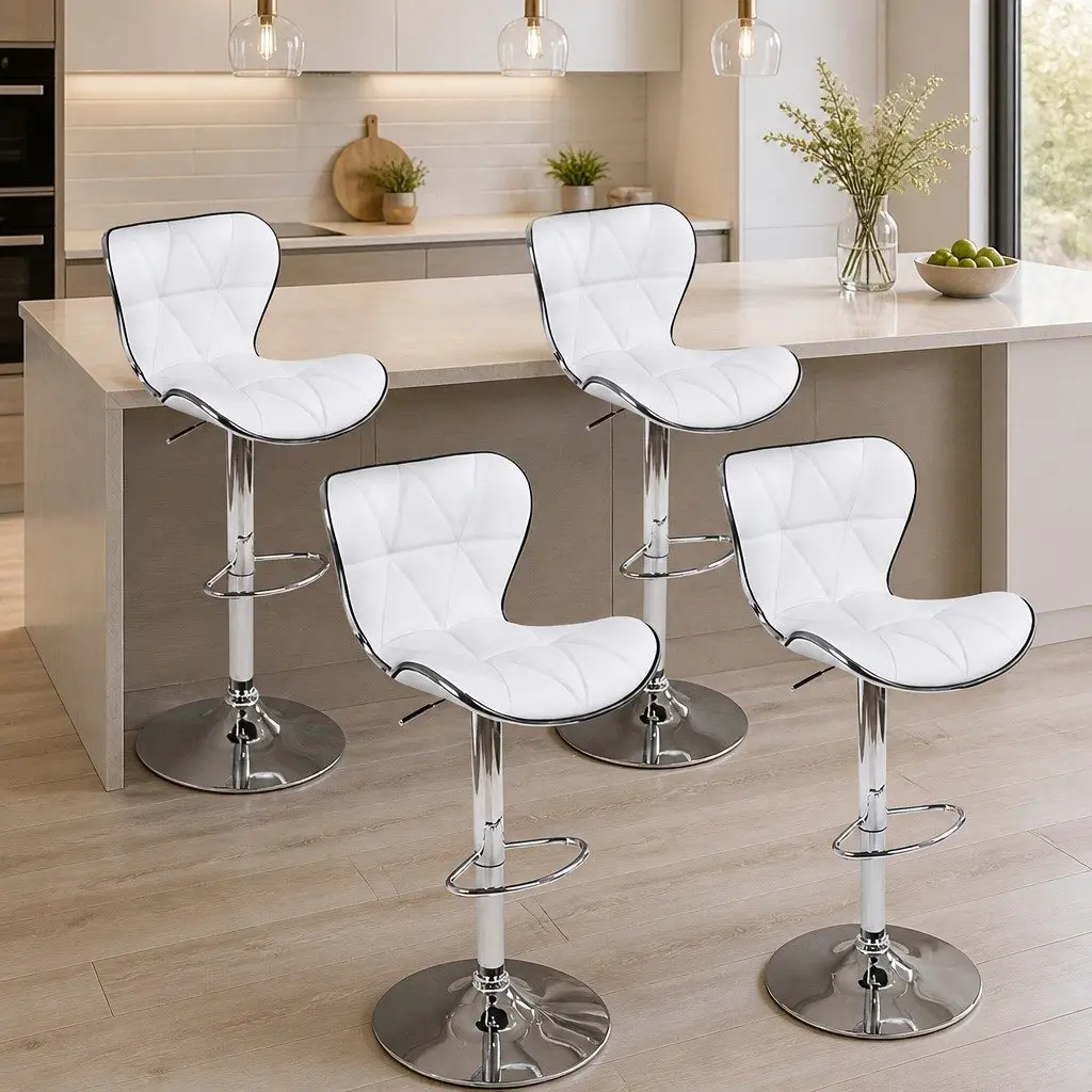 Bar Stools White Height Adjustable Gas Lift Swivel Padded Seat Chrome Base 4 Piece