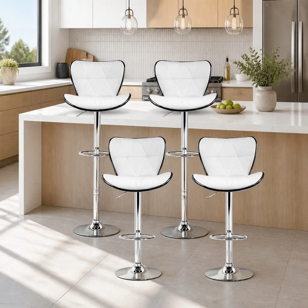Bar Stools White Height Adjustable Gas Lift Swivel Padded Seat Chrome Base 4 Piece