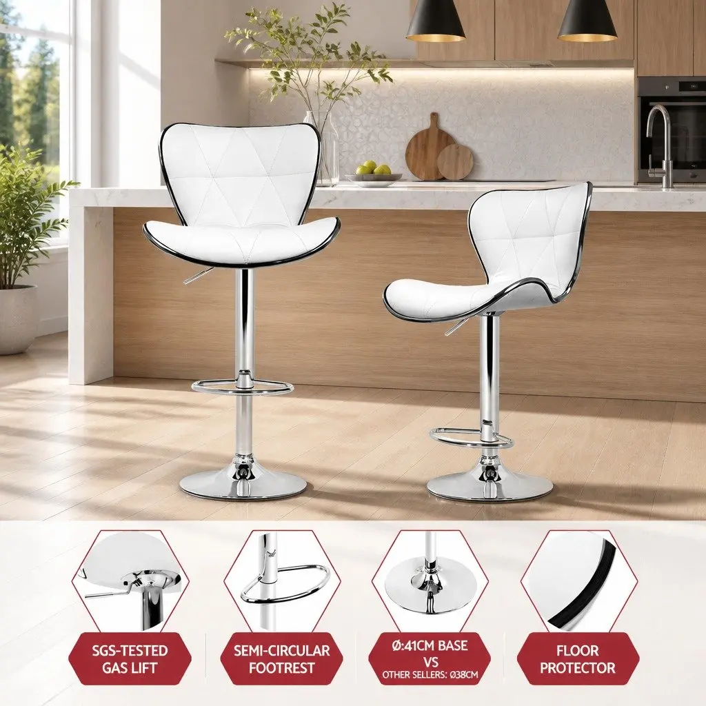 Bar Stools White Height Adjustable Gas Lift Swivel Padded Seat Chrome Base 4 Piece