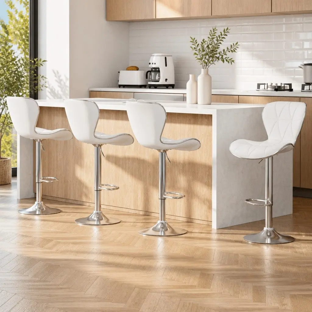 Bar Stools White Height Adjustable Gas Lift Swivel Padded Seat Chrome Base 4 Piece