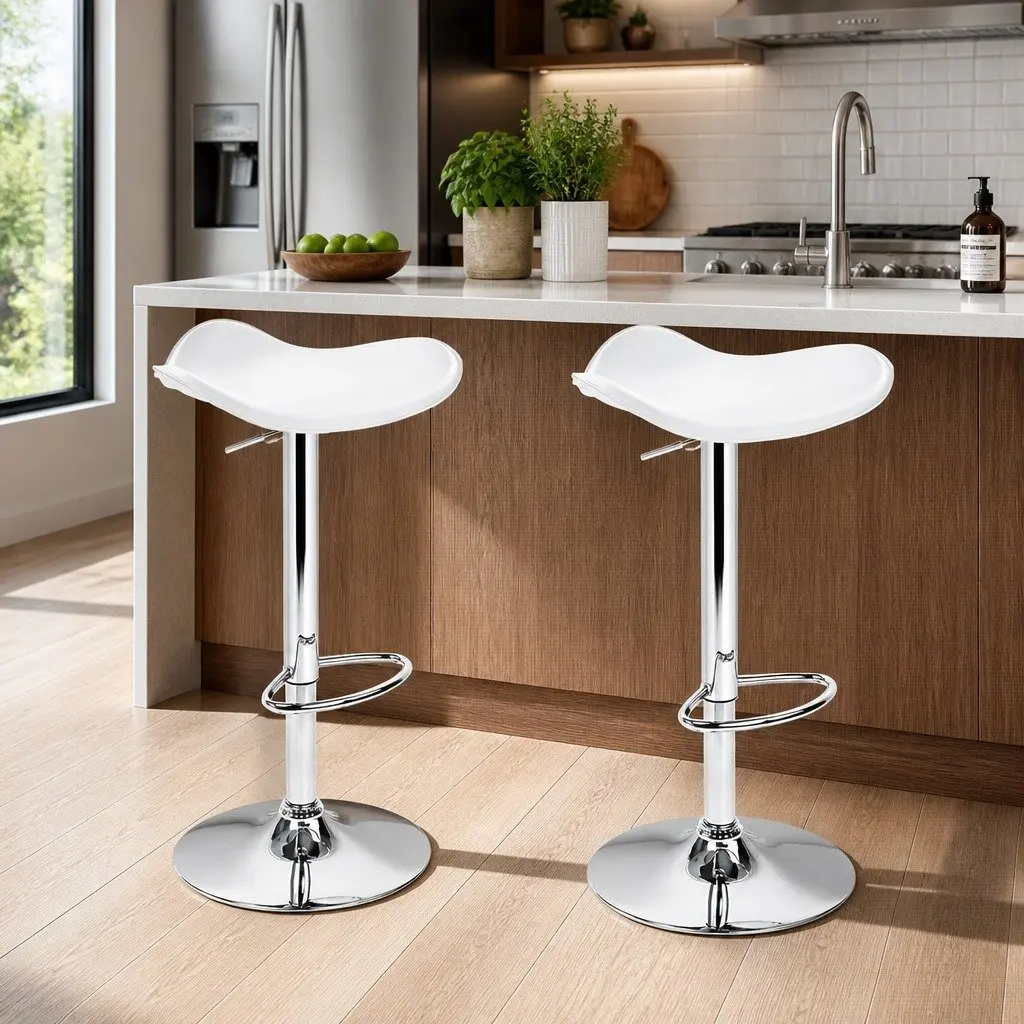 Bar Stools White Adjustable Height Gas Lift Chair 360 Degree Swivel Seat 2 Pack