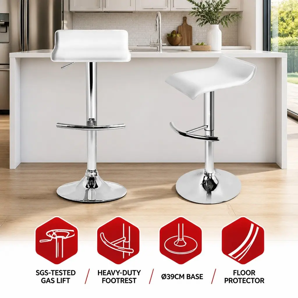 Bar Stools White Adjustable Gas Lift 360° Swivel Seat 2 Piece
