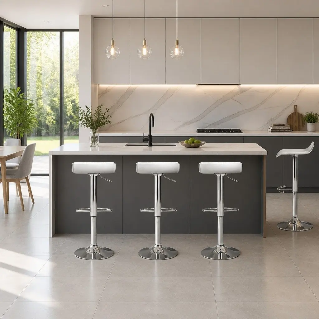 Bar Stools White Adjustable Gas Lift Swivel Chairs 4 Piece
