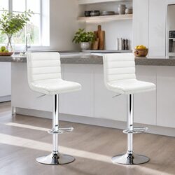 Compact White Bar Stools with Padded Seats and Gas Lift