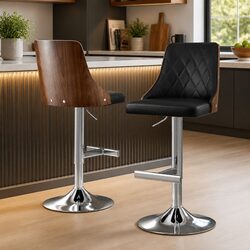 Bar Stools Set of 2 Swivel Adjustable Height Black Leather Kitchen Counter Seat