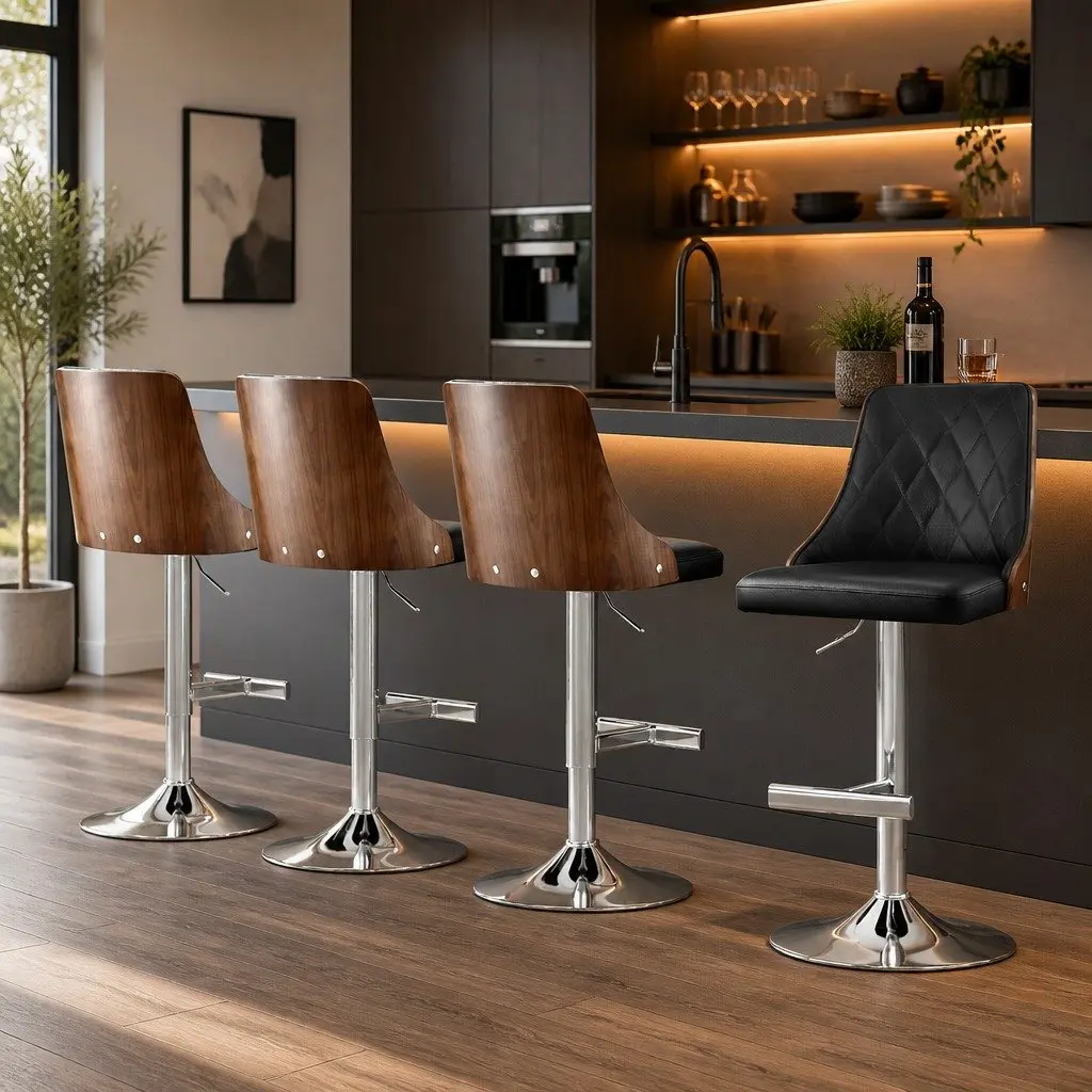 Bar Stools Black Adjustable Height Swivel Set of 4 Leather Kitchen Counter