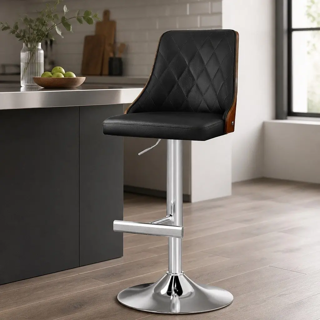 Bar Stool Black Leather Adjustable Height Tool-Free Bentwood Backrest
